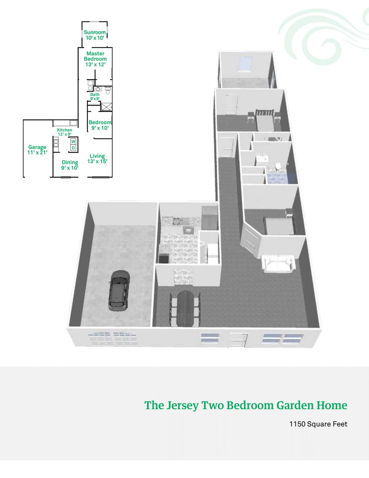 3D floor plan of a two-bedroom garden home.