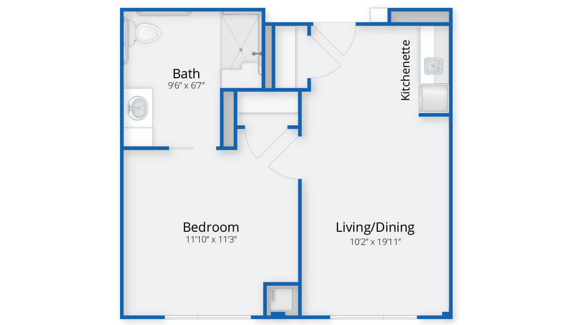 A floor plan of a one-bedroom apartment featuring a living/dining area, kitchen, bedroom, and bathroom.