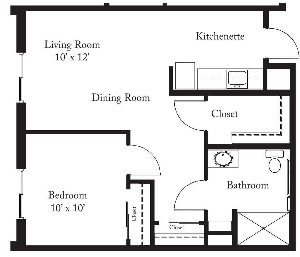 A floor plan of a one-bedroom apartment with a living room, dining room, kitchenette, bathroom, and closet.