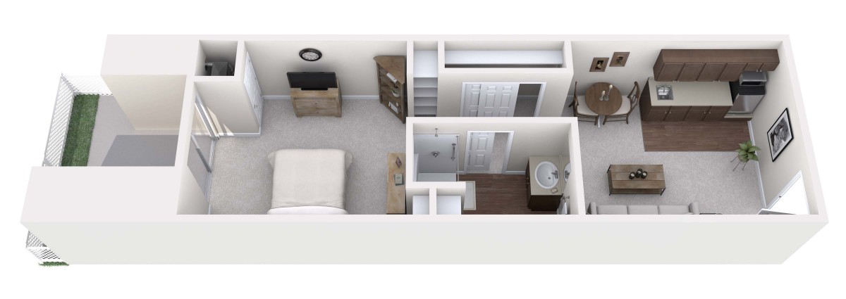 3D rendering of a bedroom floor plan with furniture layout.