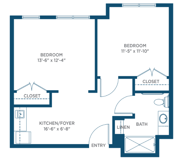 A floor plan showcasing a two-bedroom apartment layout with an entry, kitchen/dining area, and bathroom.