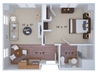 A detailed floor plan of a one-bedroom apartment featuring a living room, bedroom, bathroom, and kitchen area.