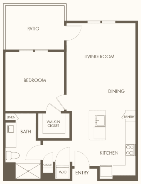 One-bedroom apartment floor plan with kitchen, living room, dining area, bathroom, and patio.