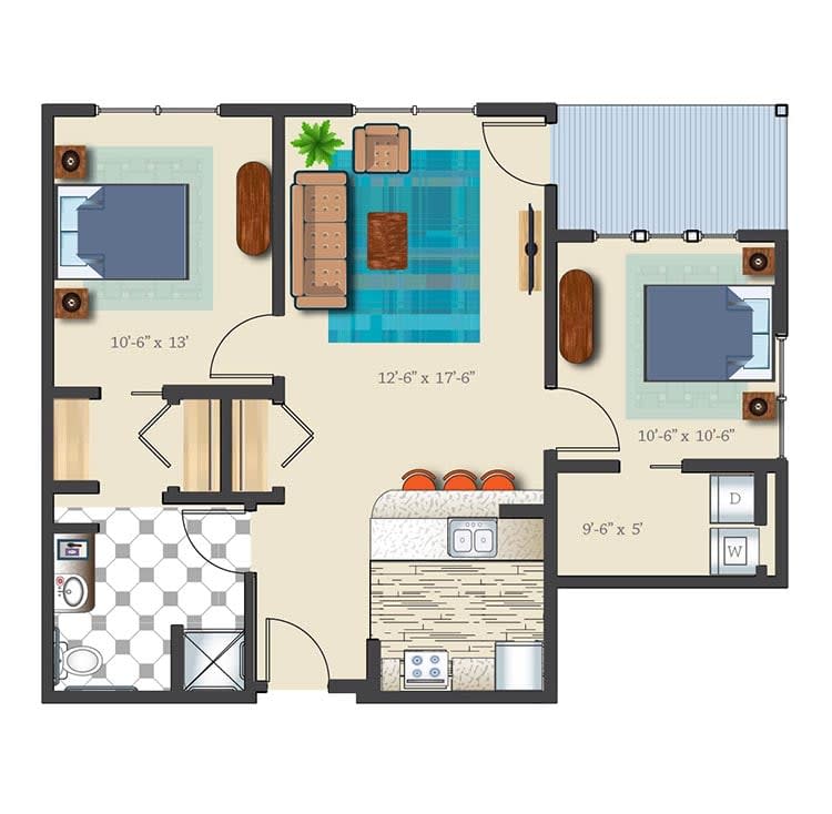 A floor plan of an apartment featuring two bedrooms, a living room, a kitchen, and a bathroom.