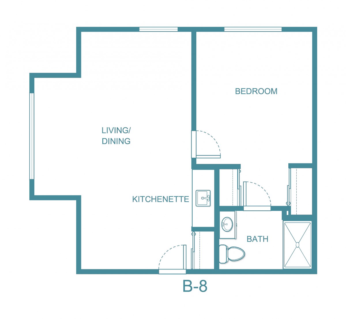 Studio apartment floor plan with living area, kitchenette, bedroom, and bathroom.