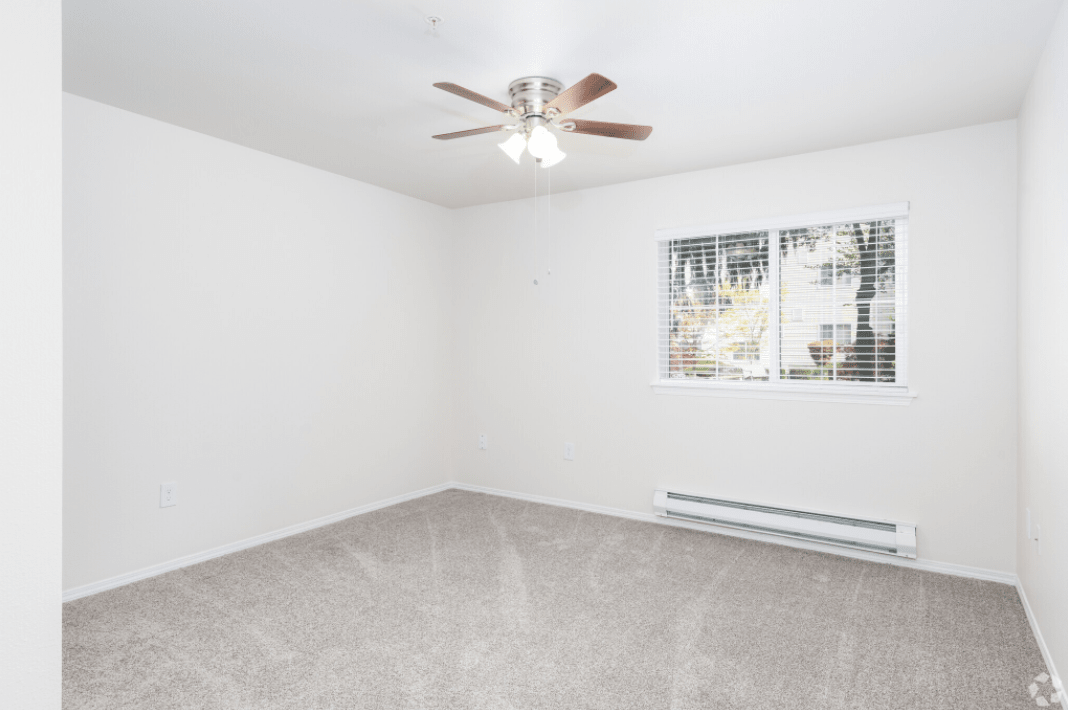 An empty room with white walls, carpeted floor, a ceiling fan, and a window.