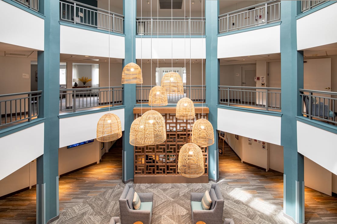 Modern lobby with stylish lighting and contemporary design.