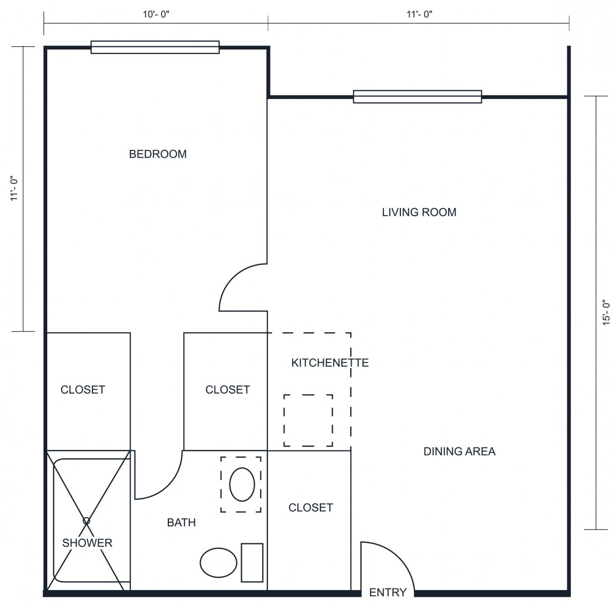 A simple apartment floor plan layout featuring a bedroom, living room, kitchen, dining area, bathroom, and closets.