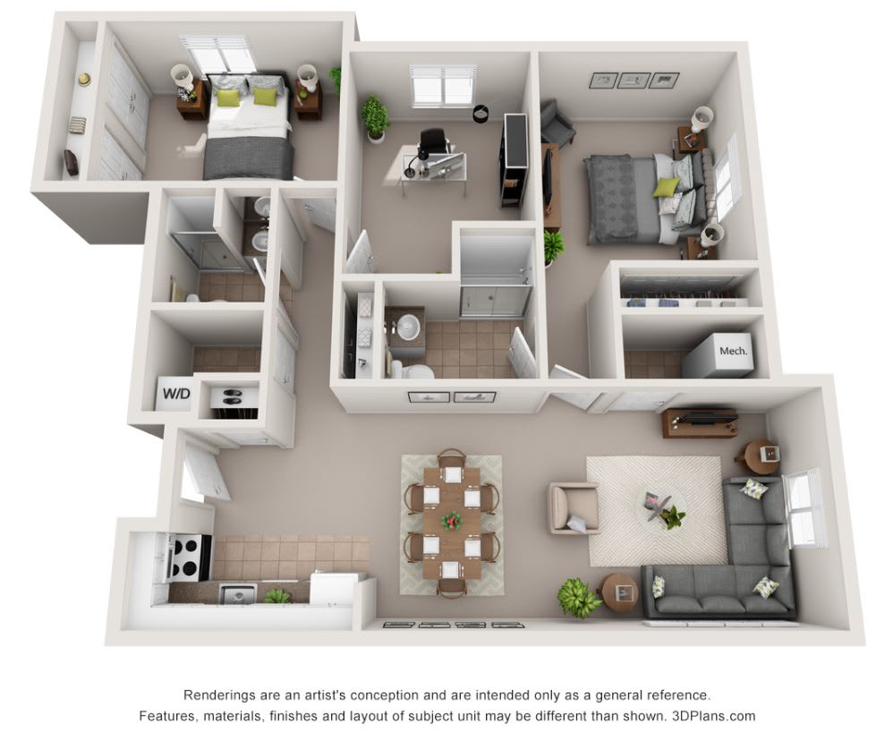 A 3D-rendered floor plan of a modern apartment, featuring two bedrooms, a kitchen, and a living area.