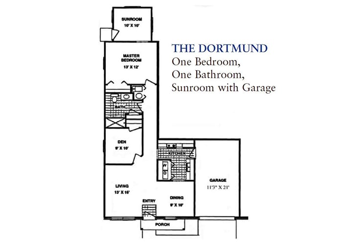 The Dortmund floor plan featuring one bedroom, one bathroom, a sunroom, and garage.