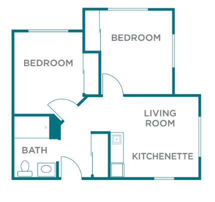 Floor plan of a two-bedroom apartment with a bathroom, living room, and kitchenette.