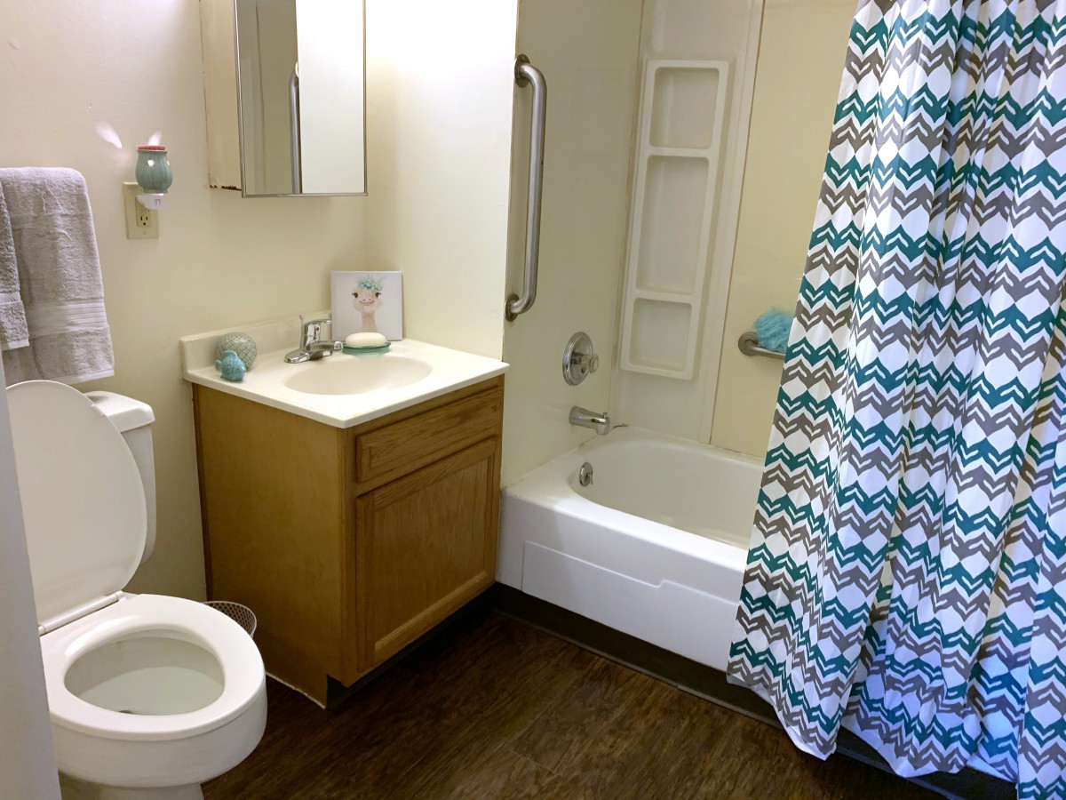 A clean and organized bathroom featuring a vanity with a sink, a toilet, and a bathtub with a patterned shower curtain.