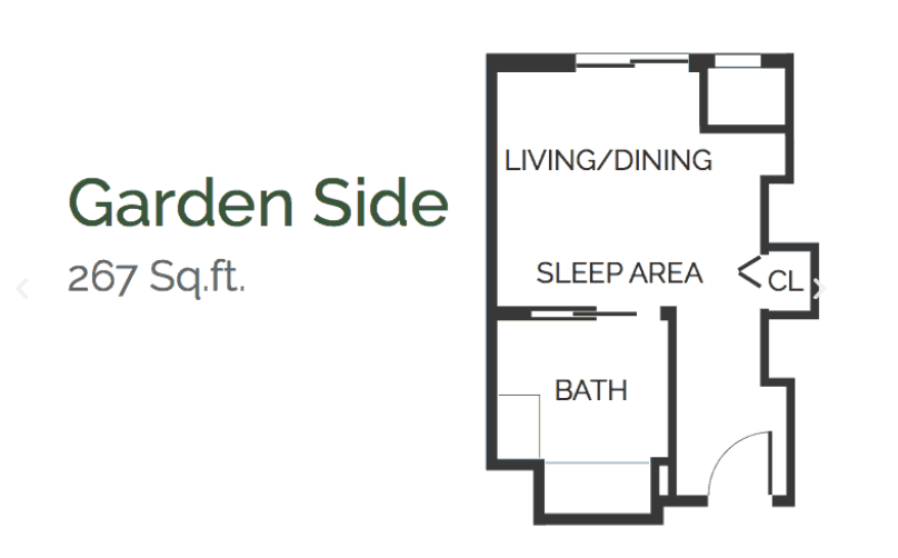 Studio apartment floor plan with living/dining, sleep area, and bathroom.