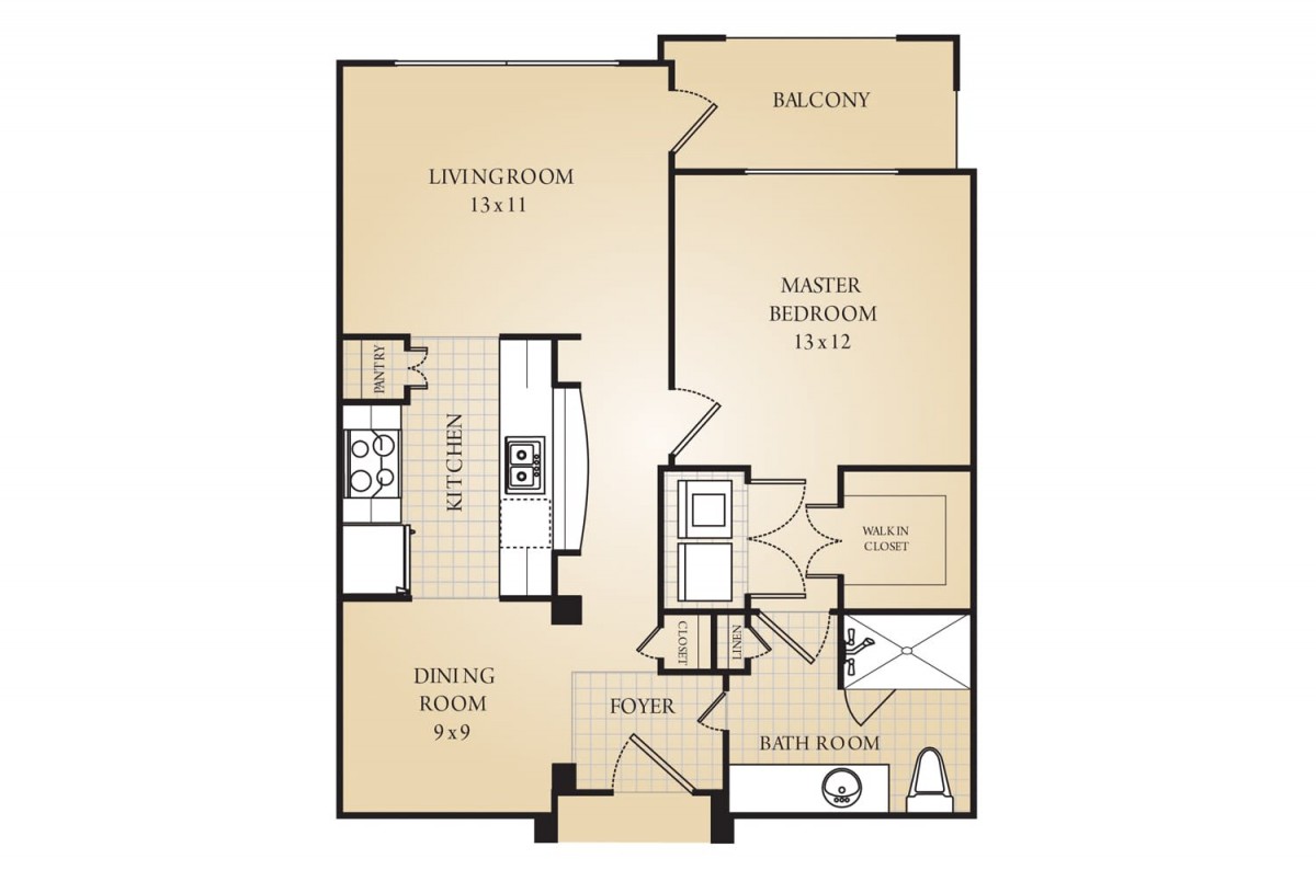 A floor plan of an apartment featuring a living room, master bedroom, kitchen, dining area, bathroom, and balcony.