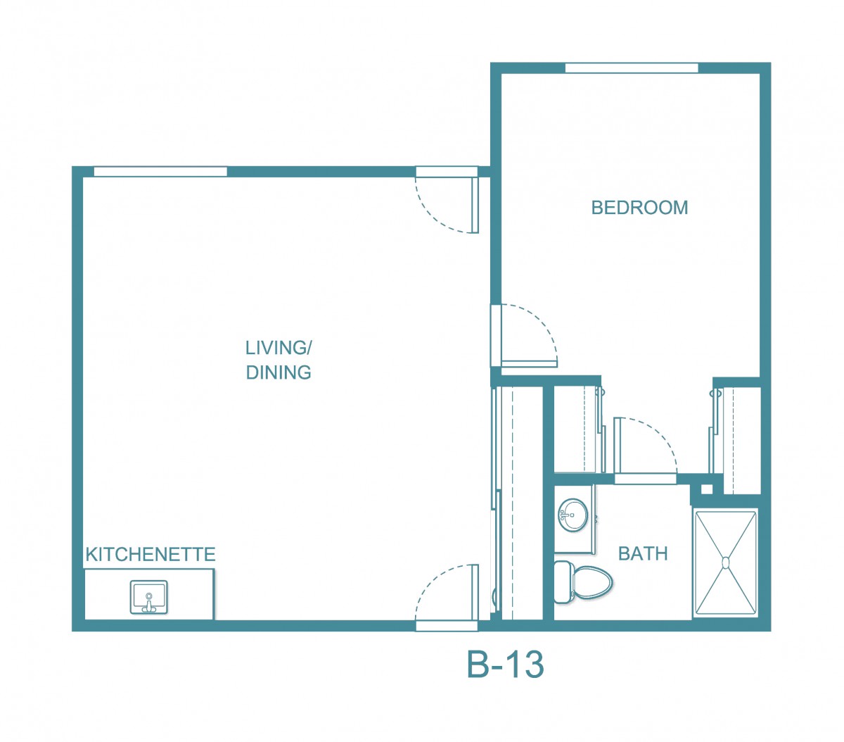 One-bedroom apartment floor plan with a kitchenette and bathroom.
