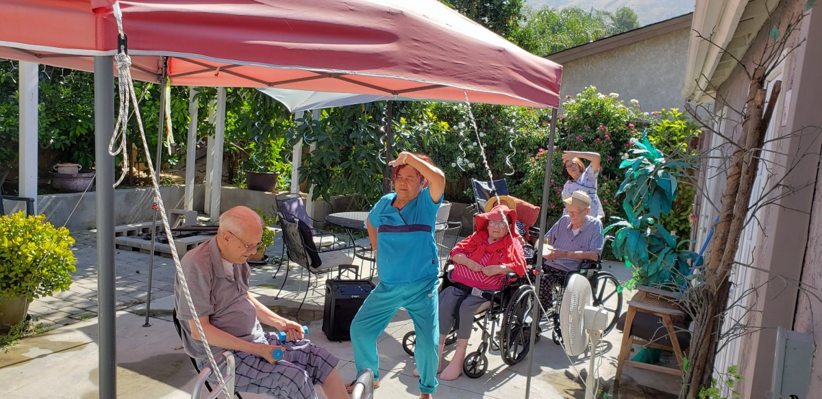 A group of seniors enjoying a sunny day outdoors under a tent.