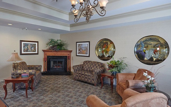 A cozy living room with a fireplace, comfortable seating, and elegant decor.