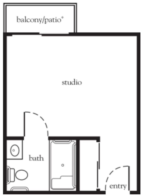 A floor plan of a studio apartment with a bathroom.