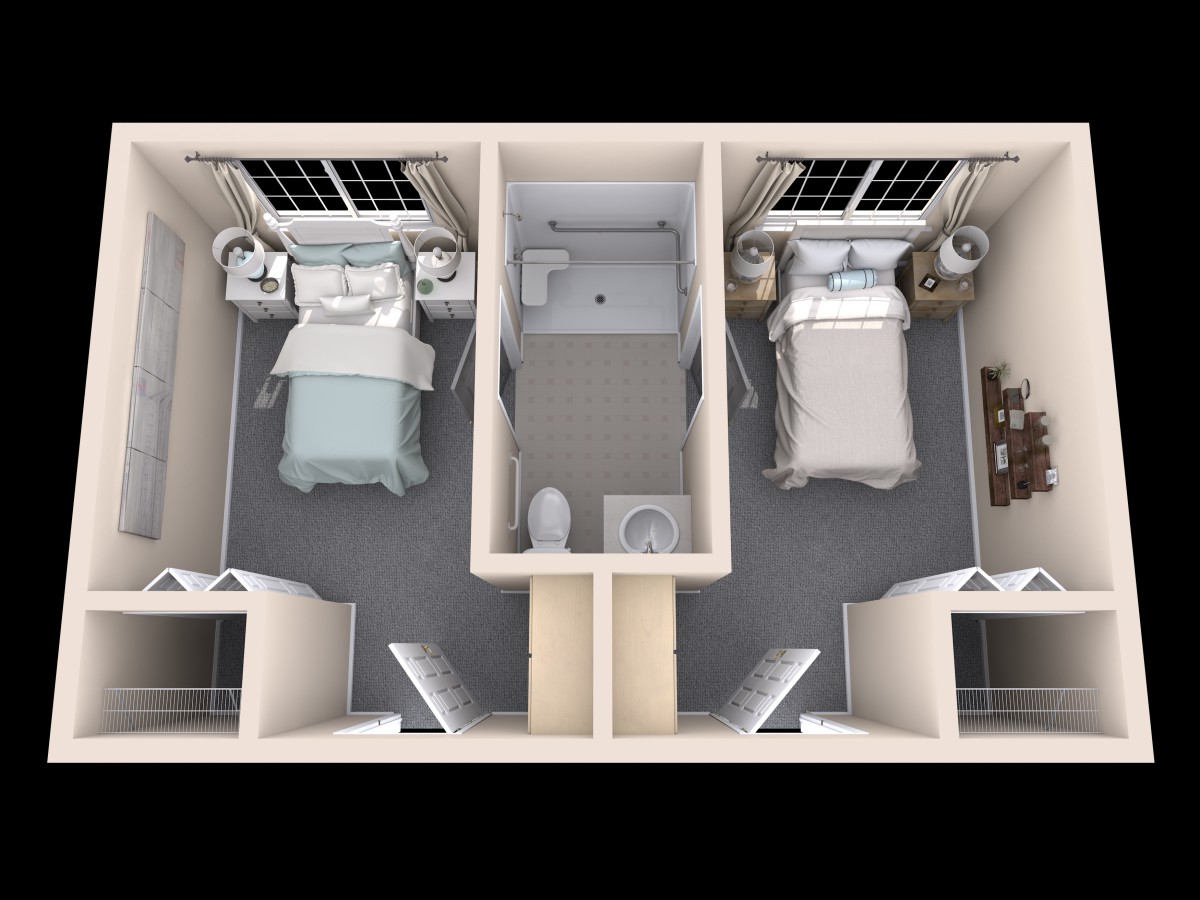 A top-down view of a two-bedroom layout with a shared bathroom in the center.