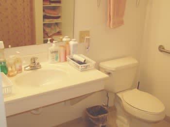 A tidy bathroom with a sink, toilet, and various toiletries.
