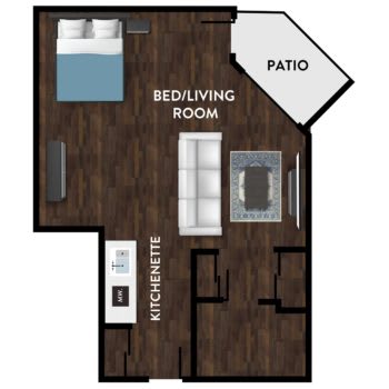 Studio apartment floor plan with bed/living room, kitchenette, and patio.