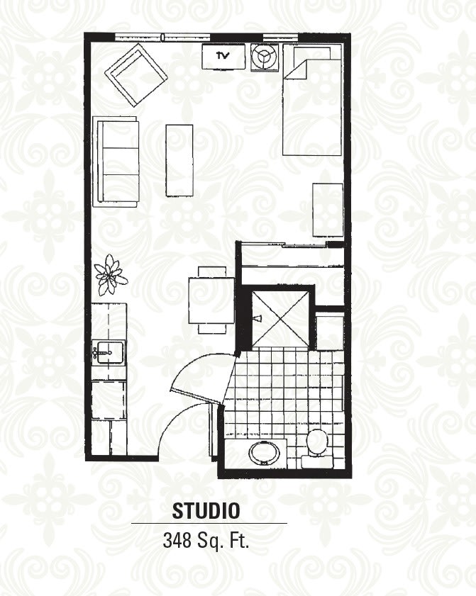 Floor plan of a studio apartment with open living space and bathroom.