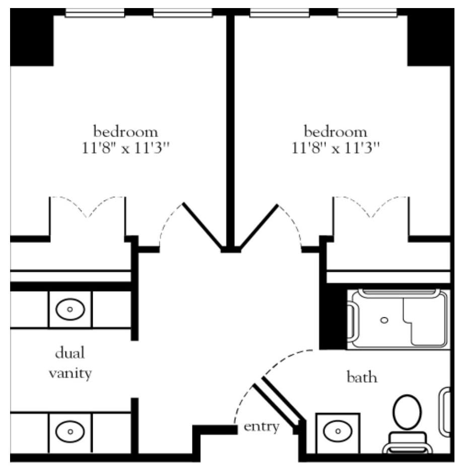 Floor plan featuring two bedrooms, a shared bathroom, and an entryway.