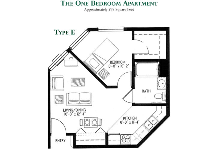 A floor plan of a one-bedroom apartment, labeled as Type E, featuring a living/dining area, bedroom, kitchen, and bathroom.