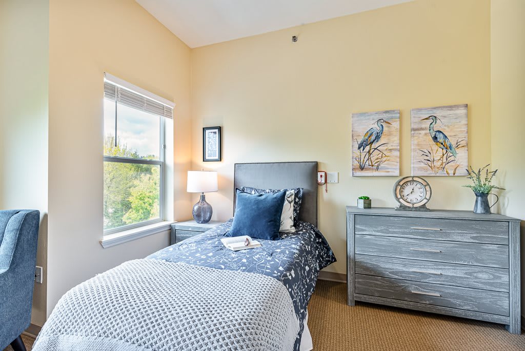 A cozy bedroom with a single bed, modern decor, and ample natural light.