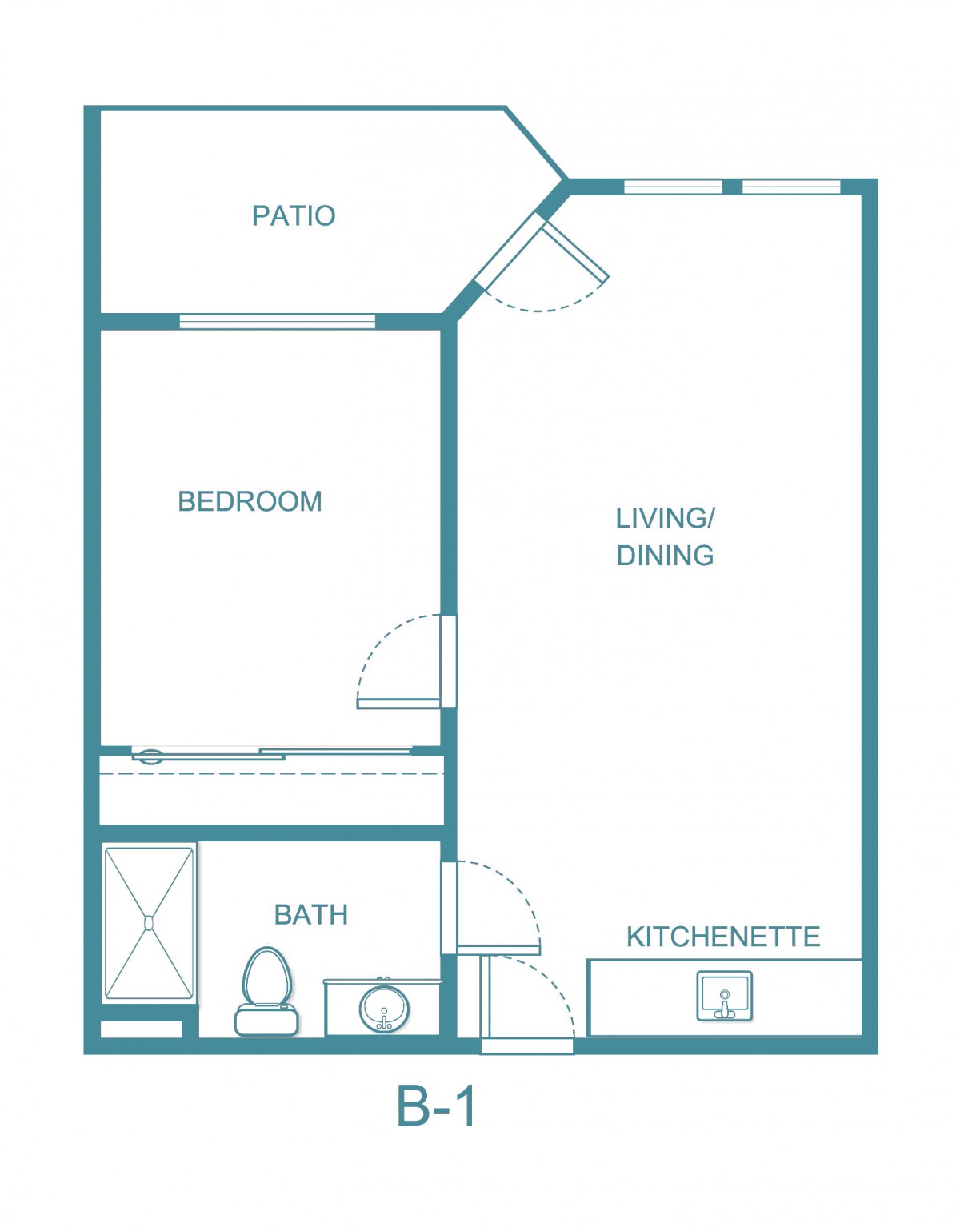 A floor plan of a small one-bedroom apartment featuring a kitchenette, living area, bedroom, bathroom, and patio.