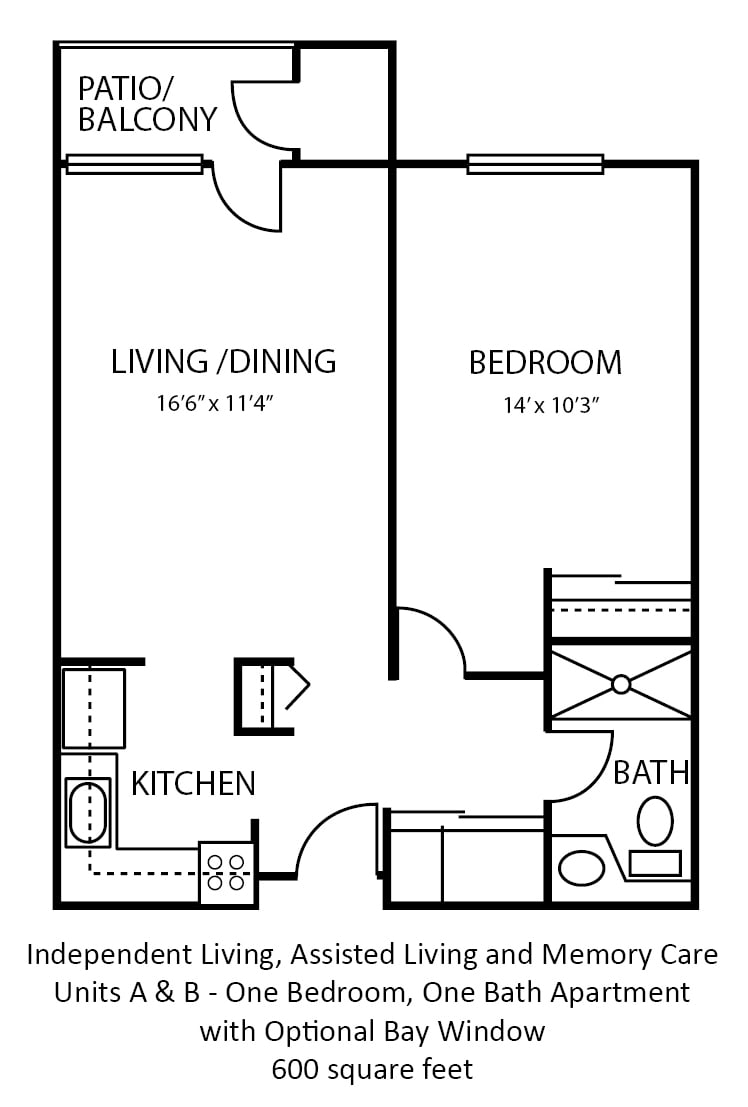 A floor plan of a one-bedroom apartment featuring a kitchen, bathroom, living/dining area, and bedroom.