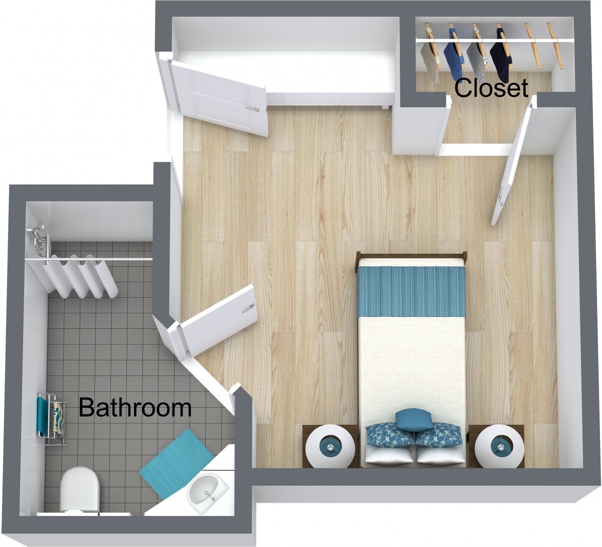 A simple floor plan featuring a bedroom with an attached bathroom and a closet.