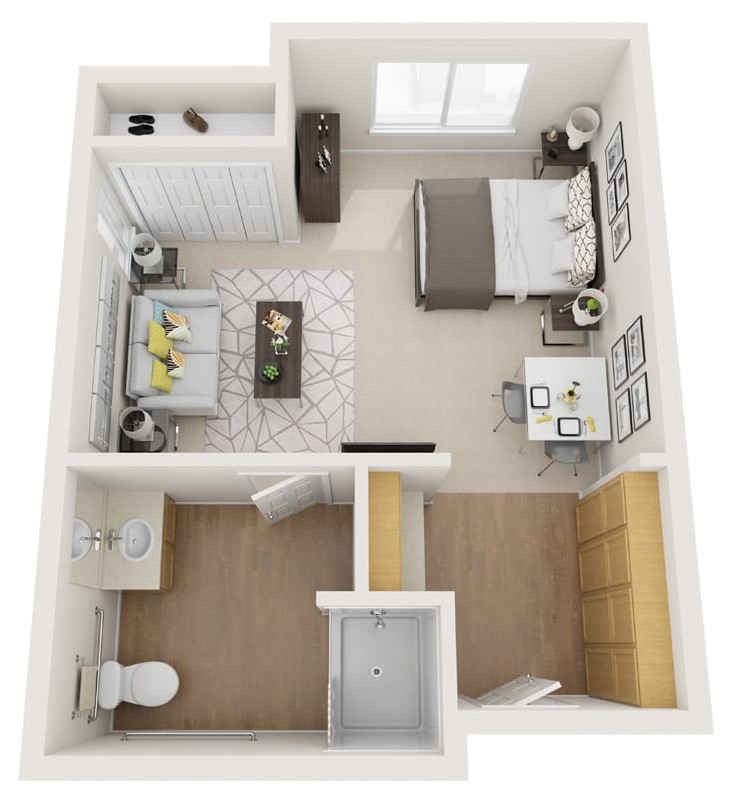 A 3D floor plan of a one-bedroom apartment, featuring a living area, kitchen, bedroom, and bathroom.