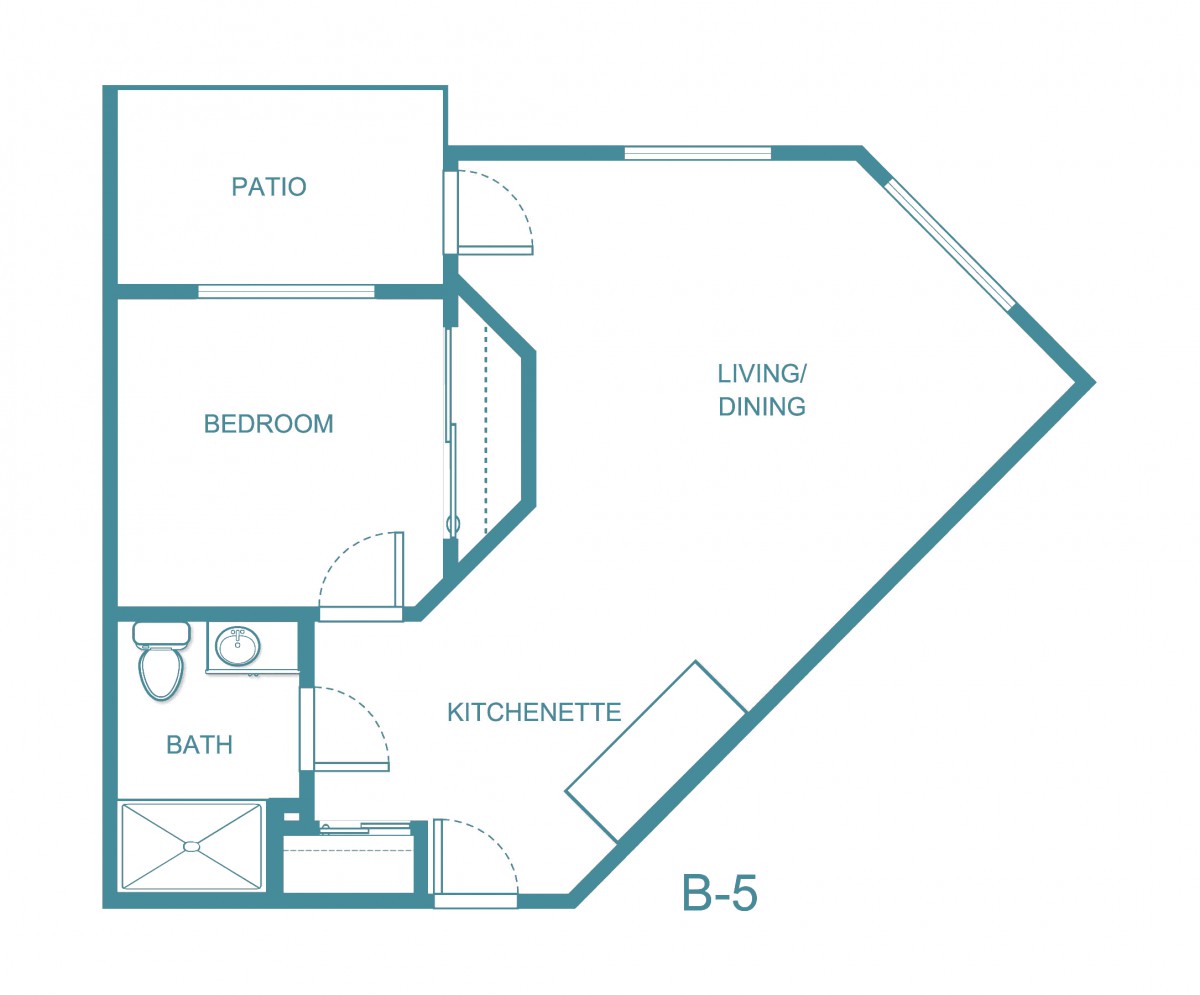 A floor plan of an apartment featuring a kitchenette, living/dining area, bedroom, bathroom, and patio.