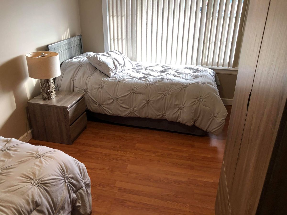 A cozy bedroom with two beds, a lamp on a nightstand, and natural light streaming through the windows.