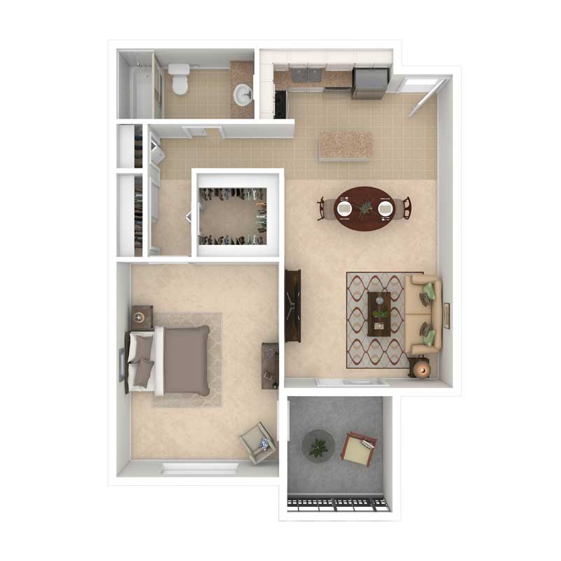A one-bedroom apartment floor plan with living room, kitchen, dining area, and bathroom.