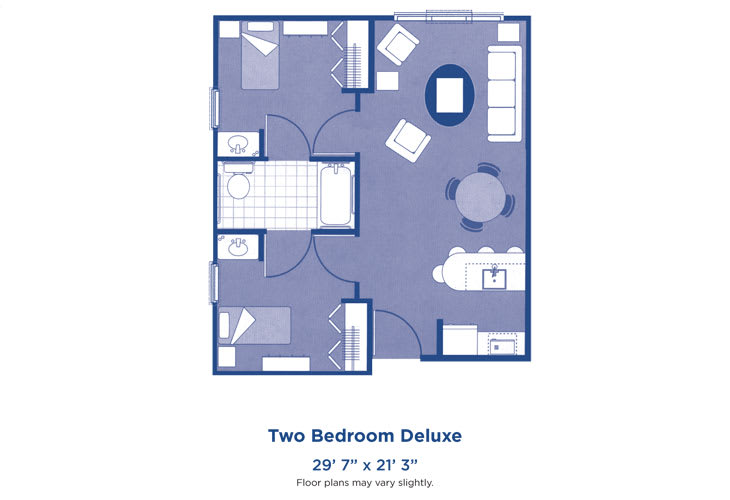 Floor plan of a two-bedroom deluxe apartment.