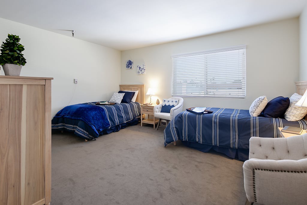 A cozy bedroom with two single beds and a nightstand under a bright window.