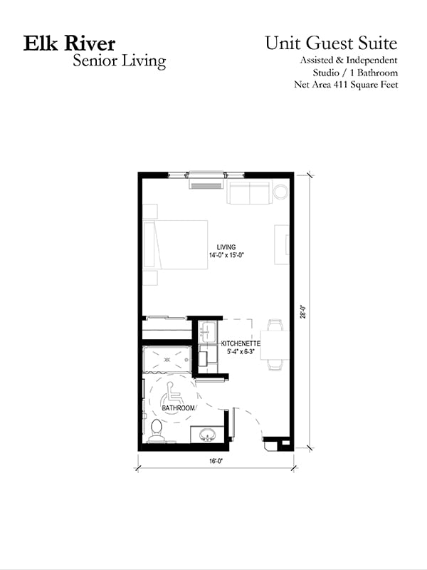 Studio apartment floor plan with combined living and dining area.