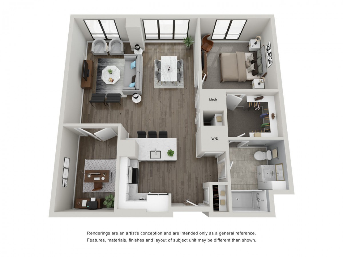 A 3D floor plan of a modern one-bedroom apartment, featuring an open living and dining area, kitchen, and bathroom.