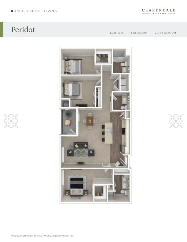 A detailed floor plan of a modern apartment showing furniture arrangements and room placements.