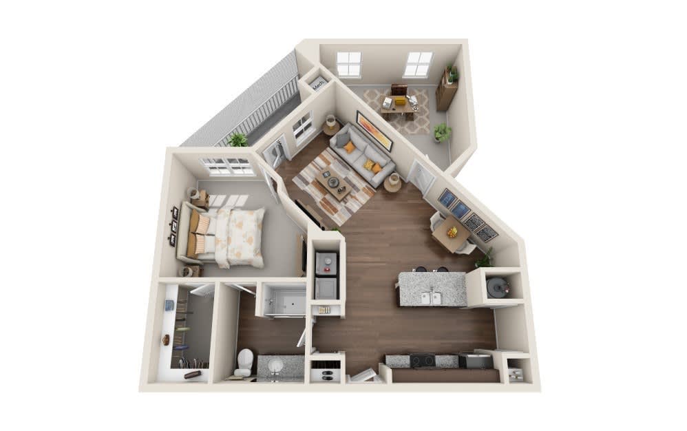 A 3D floor plan of a one-bedroom apartment featuring an open living and kitchen area, bedroom, and bathroom.