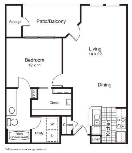 One-bedroom apartment floor plan with a living room, kitchen, bathroom, and balcony.