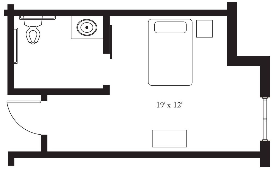 A simple floor plan of a bedroom with dimensions of 19 by 12 feet, including a bed and small furniture layout.