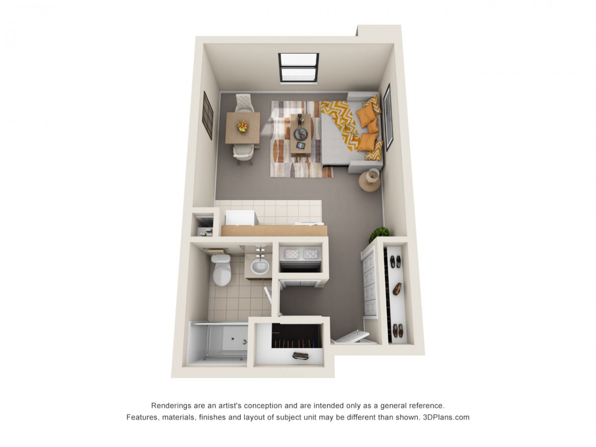 3D rendering of a compact 1-bedroom apartment showcasing the living, dining, and kitchen areas alongside a bathroom.