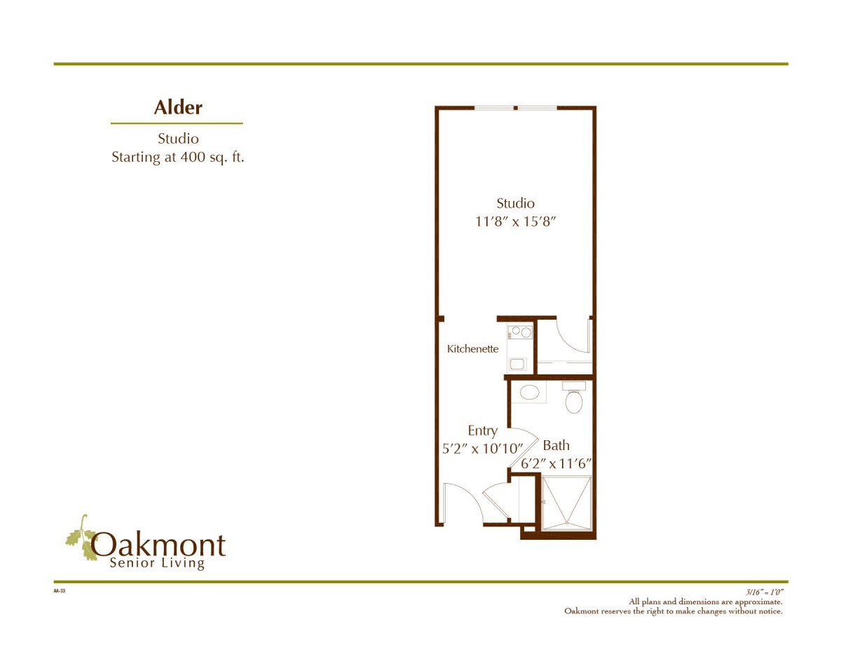 Floor plan for a studio apartment at Oakmont Senior Living.
