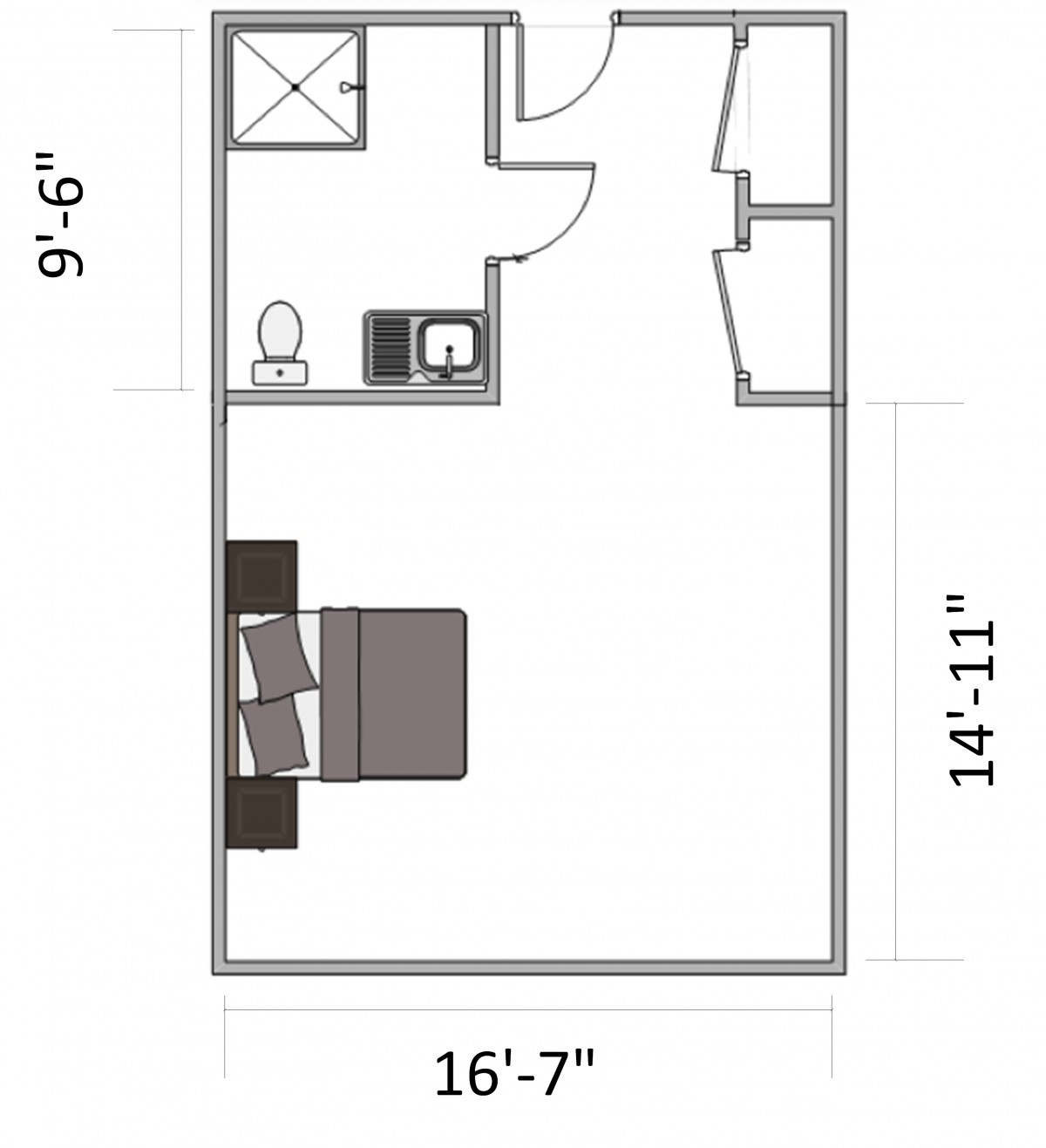 A floor plan of a studio apartment with dimensions indicated.