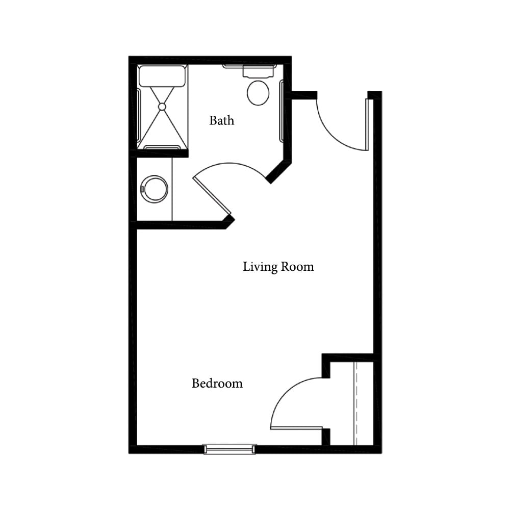 A simple floor plan showing a one-bedroom apartment with a living room and bathroom.