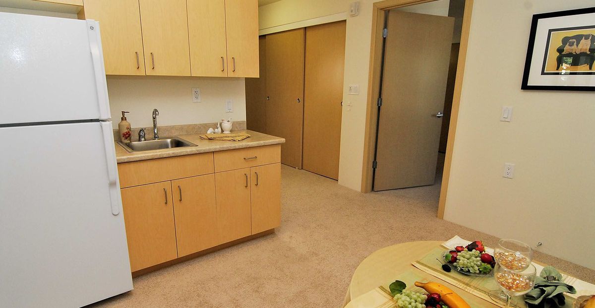 A modern kitchen interior with wooden cabinets and a countertop.