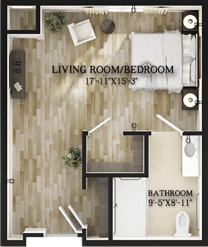 A floor plan showing a combined living room and bedroom with an adjoining bathroom.